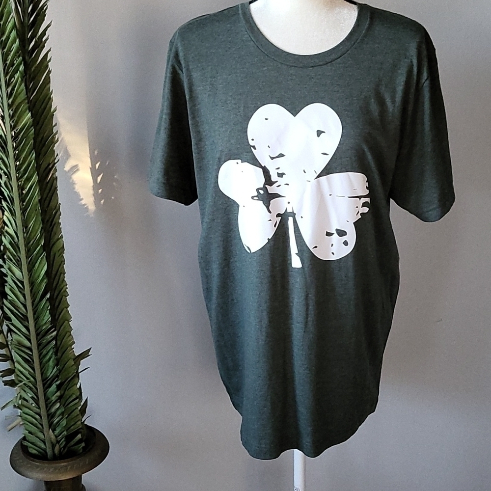 Bella Canvas heather green short sleeve tee with white Shamrock graphic